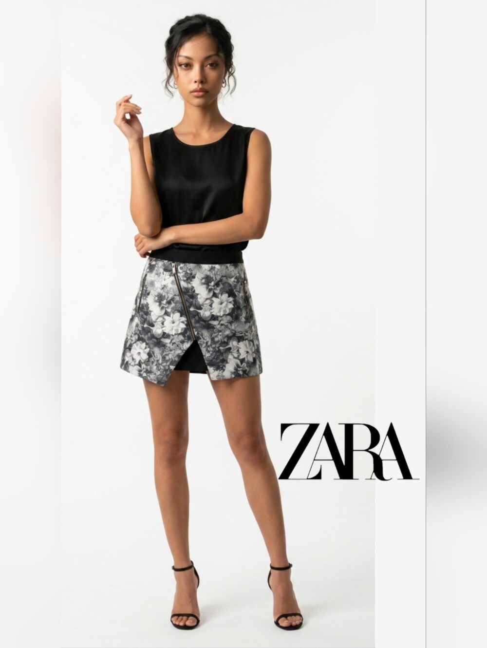 ZARA Black Monochrome Floral Wrap Skirt Skort Shorts. Floral M - Picture 1 of 6